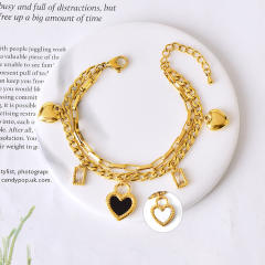 Gold color two layer cuban link chain stainless steel charm bracelet