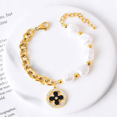 Personality evil eye charm pearl bead stainless steel chain Asymmetric Bracelet