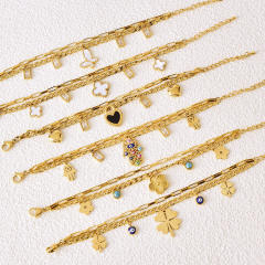 Gold color two layer cuban link chain stainless steel charm bracelet
