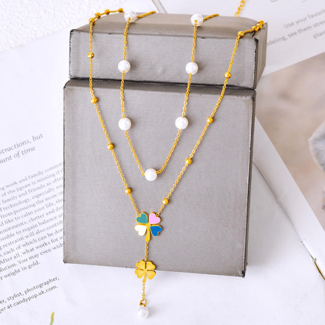 Dainty two layer color enamel clover pearl bead women stainless steel necklace