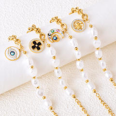Personality evil eye charm pearl bead stainless steel chain Asymmetric Bracelet