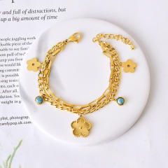 Gold color two layer cuban link chain stainless steel charm bracelet