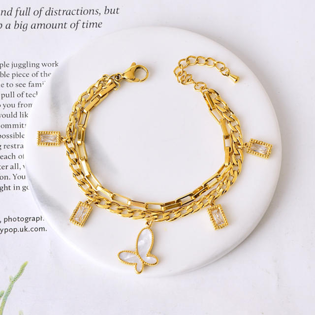 Gold color two layer cuban link chain stainless steel charm bracelet