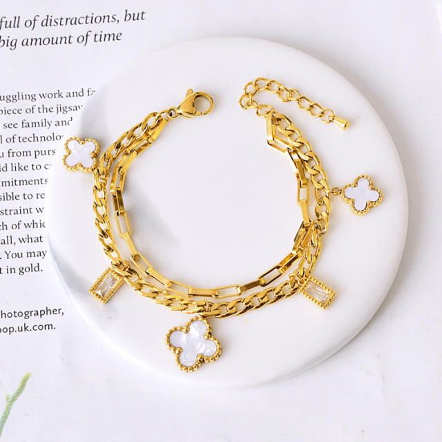Gold color two layer cuban link chain stainless steel charm bracelet