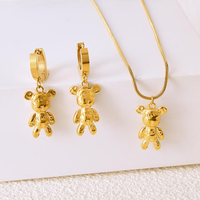 Korean fashion stereo cute bear pendant stainless steel jewelry set