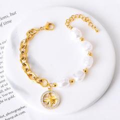 Personality evil eye charm pearl bead stainless steel chain Asymmetric Bracelet