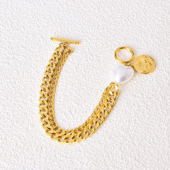 Chunky two layer cuban link chain coin pendant toggle bracelet stainless steel bracelet
