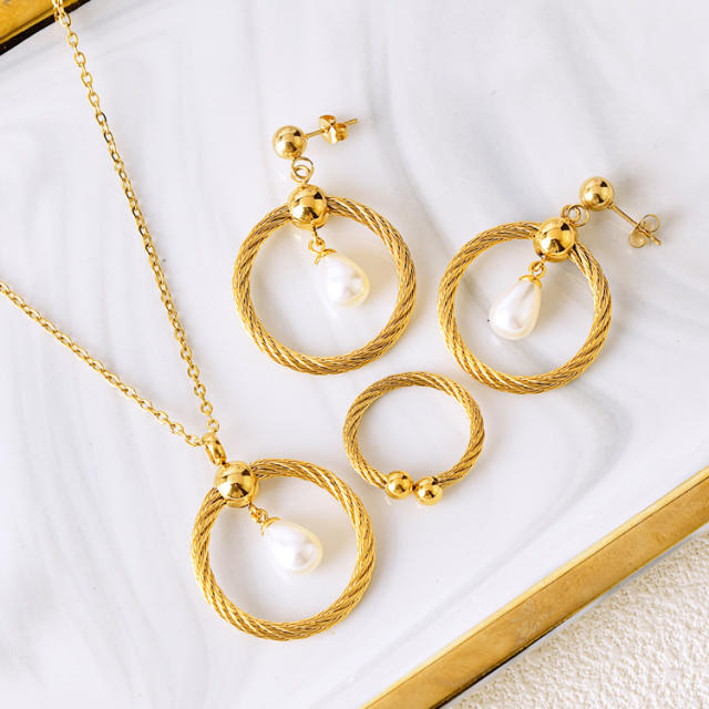 Chic geometric circle pearl stainless steel jewelry set