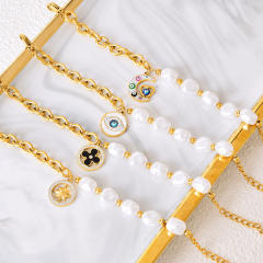 Personality evil eye charm pearl bead stainless steel chain Asymmetric Bracelet