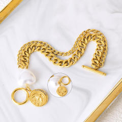 Chunky two layer cuban link chain coin pendant toggle bracelet stainless steel bracelet