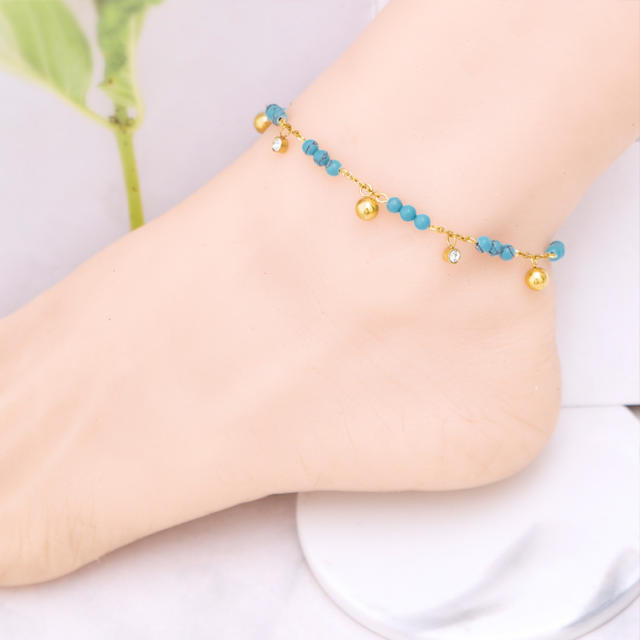 Delicate blue bead cubic zircon stainless steel anklet