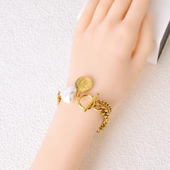 Chunky two layer cuban link chain coin pendant toggle bracelet stainless steel bracelet