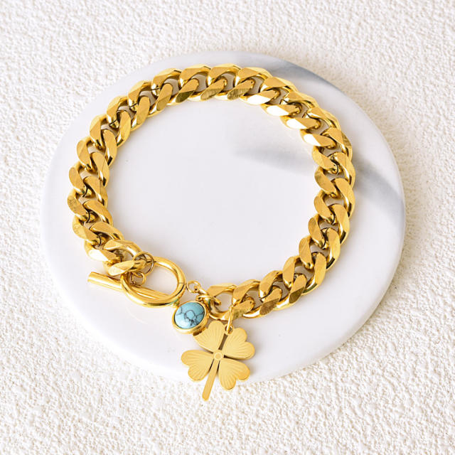 Gold color cuban link chain colorful turtle butterfly charm toggle bracelet stainless steel bracelet