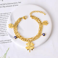 Gold color two layer cuban link chain stainless steel charm bracelet