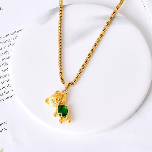Cute emerald green cubic zircon bear pendant stainless steel necklace