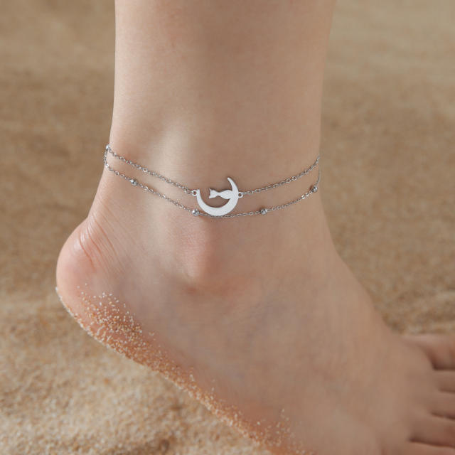 Daitny two layer moon cat stainless steel anklet