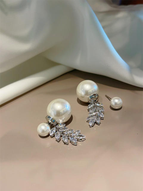 Delicate gray color pearl diamond leaf jacket earrings
