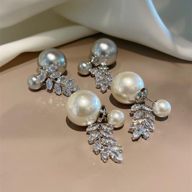 Delicate gray color pearl diamond leaf jacket earrings