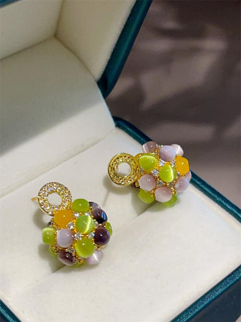 Colorful opal stone bead ball earrings