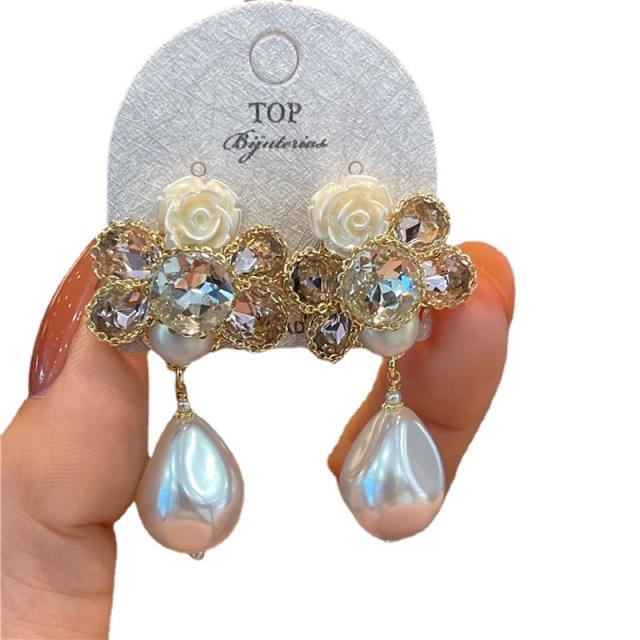 Handmade baroque pearl drop flower dangle earrings
