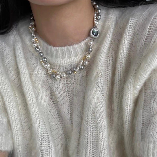 Chic elegant gray pearl two layer women necklace