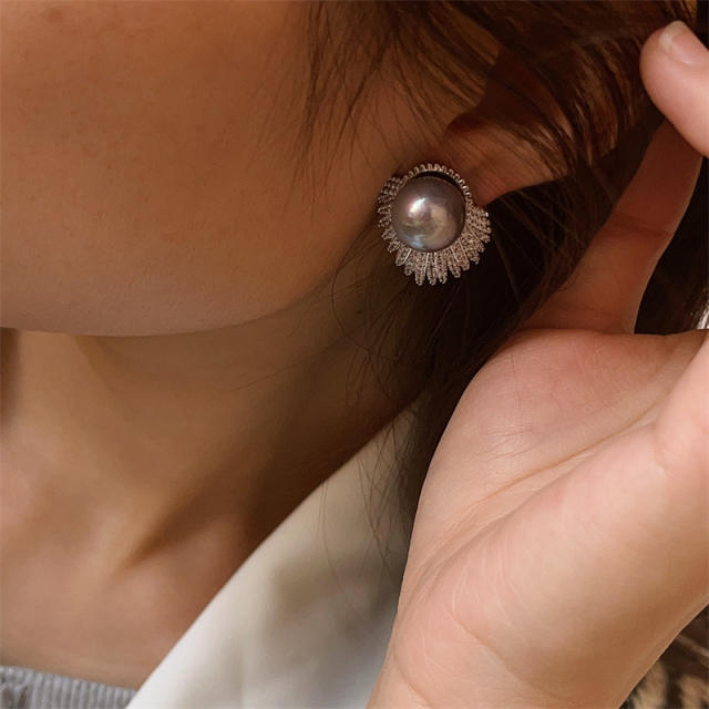 Elegant gray color pearl diamond women earrings