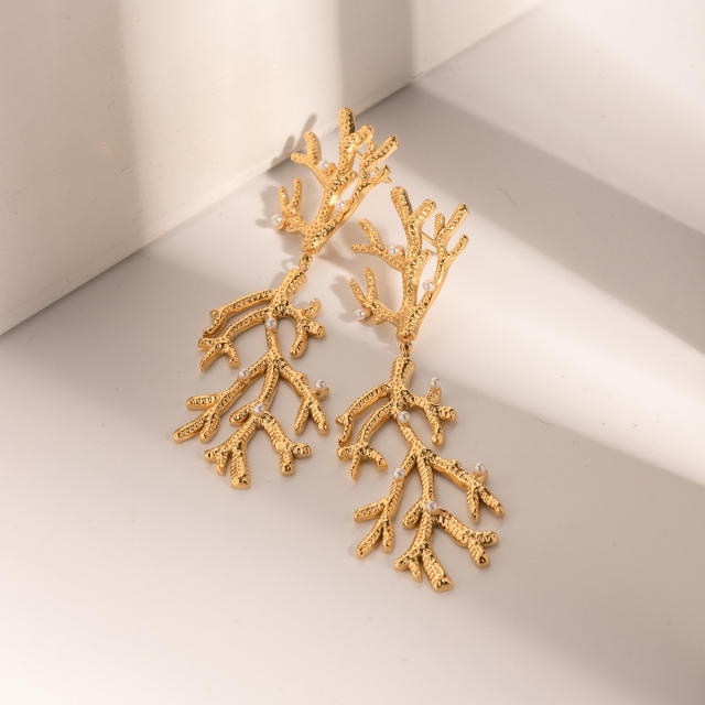 18KG pearl bead coral design stainless steel earrings
