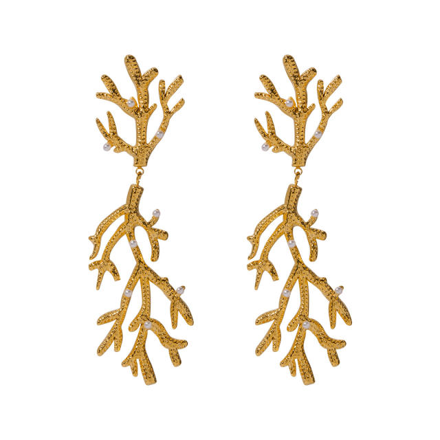 18KG pearl bead coral design stainless steel earrings