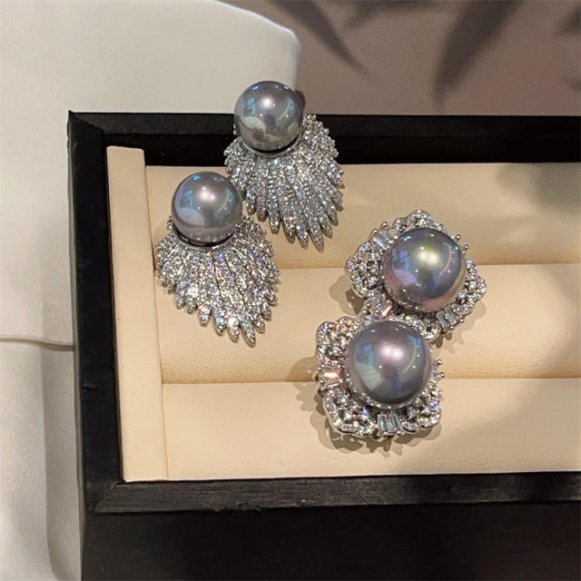 Elegant gray color pearl diamond women earrings