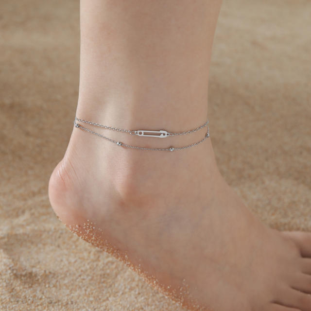Dainty paperclip two layer stainless steel anklet