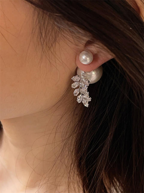 Delicate gray color pearl diamond leaf jacket earrings