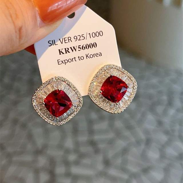 925 needle super shininy red cubic zircon square shape women earrings