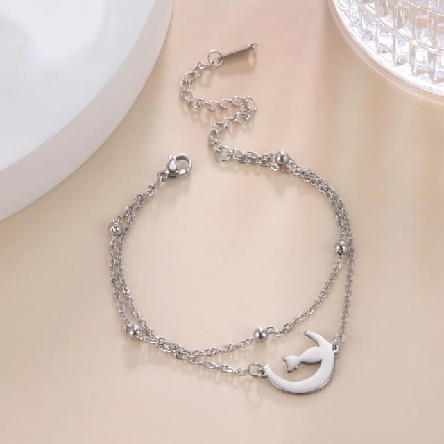 Daitny two layer moon cat stainless steel anklet