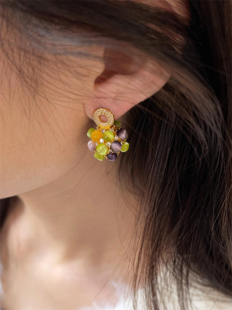 Colorful opal stone bead ball earrings