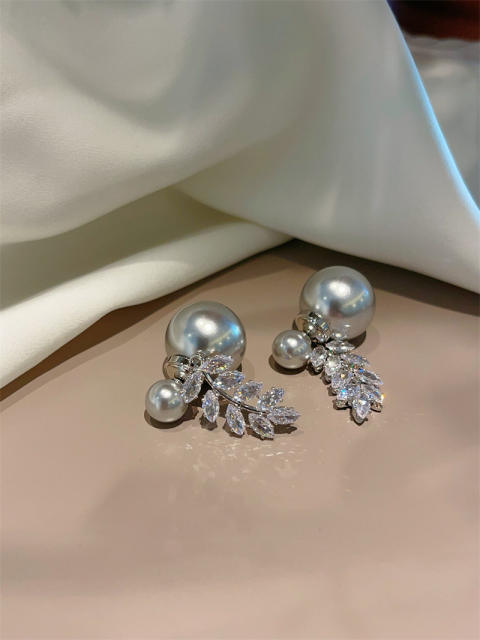 Delicate gray color pearl diamond leaf jacket earrings