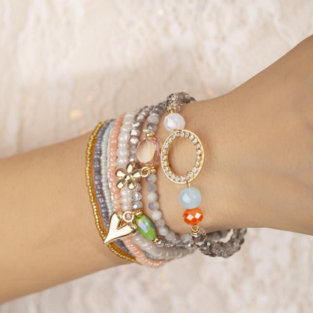Delicate diamond circle colorful bead multi layer elastic bracelet set
