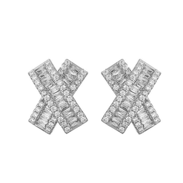 Delicate pave setting cubic zircon X shape copper studs earrings