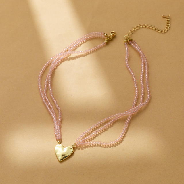 Boho Multi layer pink bead gold heart choker necklace for women