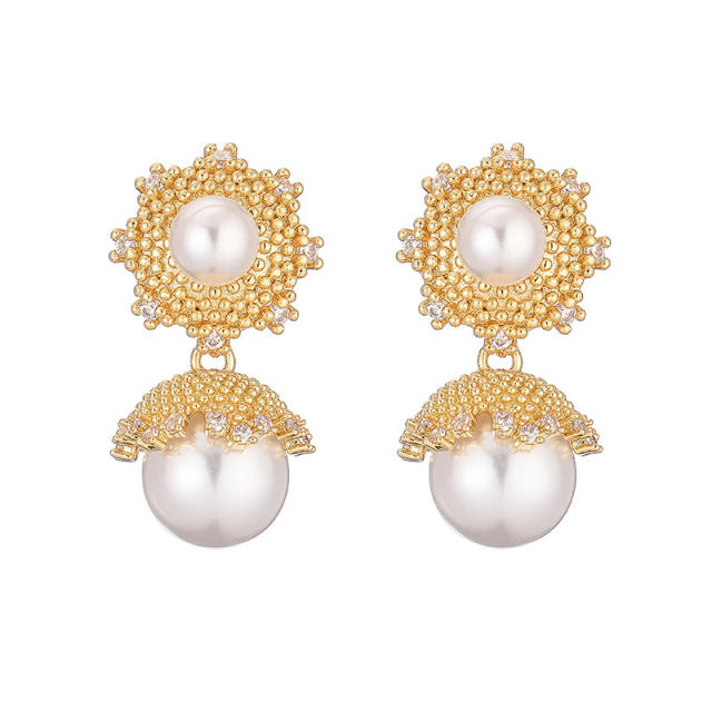 Chunky ball bead pearl ball gold plated copper earrings for women