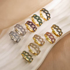 Chunky pave setting colorful cubic zircon cuban link chain pattern copper rings