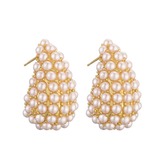 Elegant full of pearl bead water drop gold plated copper earrings