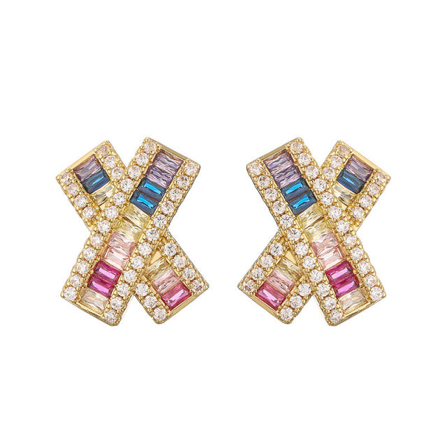 Delicate pave setting cubic zircon X shape copper studs earrings