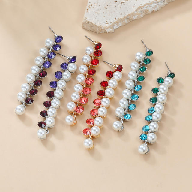 Delicate colorful glass crystal pearl bead chain dangle earrings