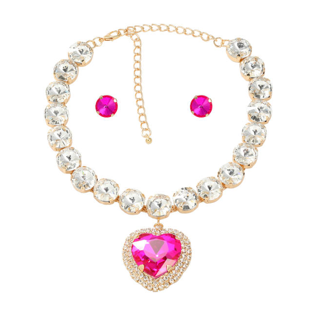 Chunky colorful glass crystal heart charm diamond necklace set for women