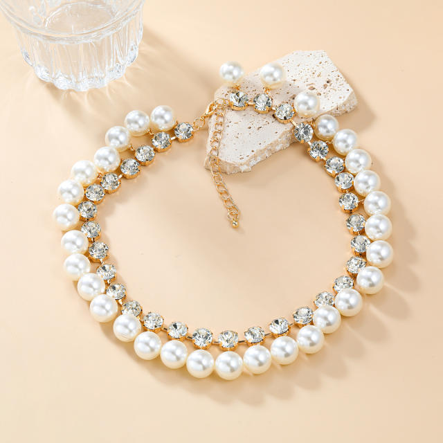 Winter pearl bead rhinestone two layer delicate women choker necklace