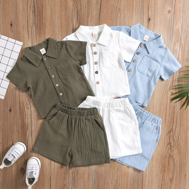 Summer plain color Cotton and linen polo shirt and short set for boy
