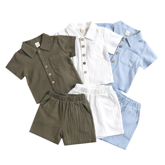 Summer plain color Cotton and linen polo shirt and short set for boy