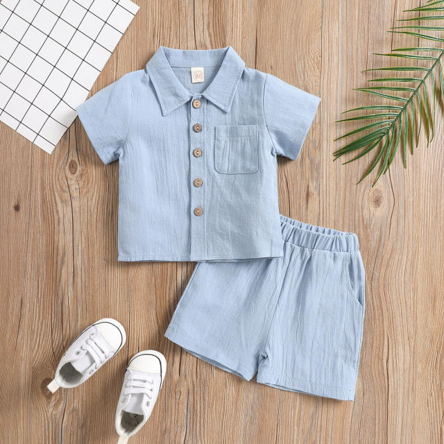 Summer plain color Cotton and linen polo shirt and short set for boy