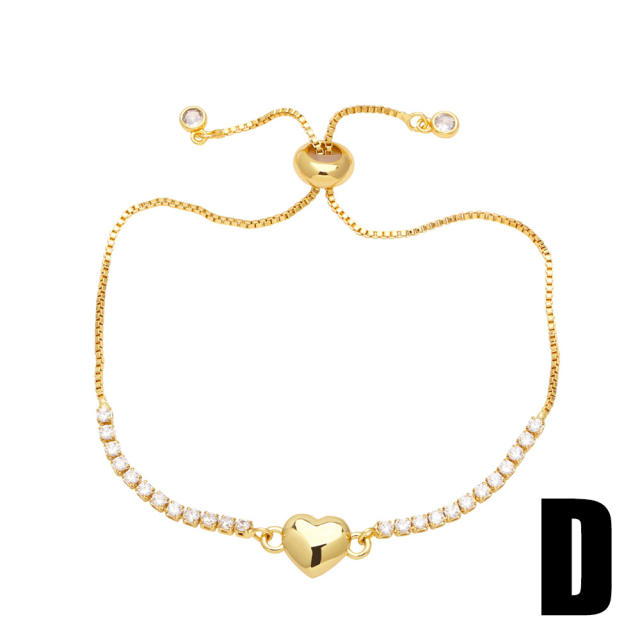 Delicate tennis chain heart cross gold plated copper slide bracelet