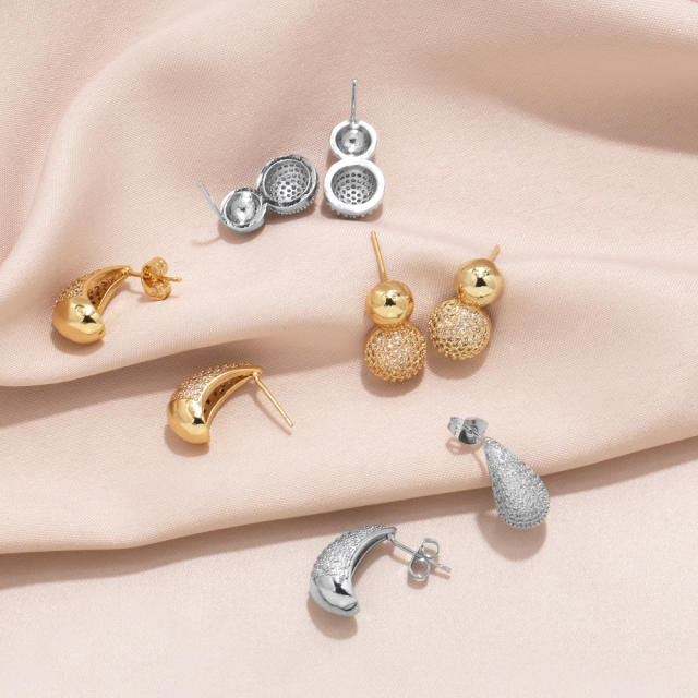 Hot sale gold color diamond drop ball bead copper earrings